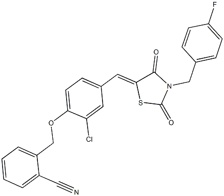 2-[(2-chloro-4-{[3-(4-fluorobenzyl)-2,4-dioxo-1,3-thiazolidin-5-ylidene]methyl}phenoxy)methyl]benzonitrile Struktur