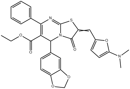 ethyl 5-(1,3-benzodioxol-5-yl)-2-{[5-(dimethylamino)-2-furyl]methylene}-3-oxo-7-phenyl-2,3-dihydro-5H-[1,3]thiazolo[3,2-a]pyrimidine-6-carboxylate Struktur