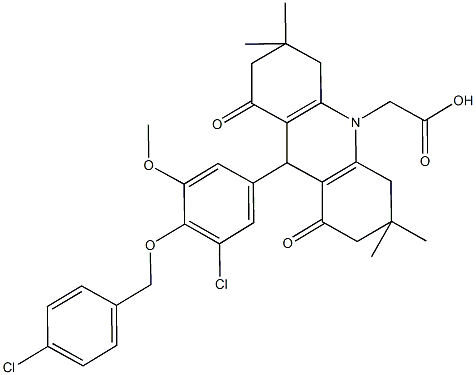 (9-{3-chloro-4-[(4-chlorobenzyl)oxy]-5-methoxyphenyl}-3,3,6,6-tetramethyl-1,8-dioxo-2,3,4,5,6,7,8,9-octahydro-10(1H)-acridinyl)acetic acid Struktur