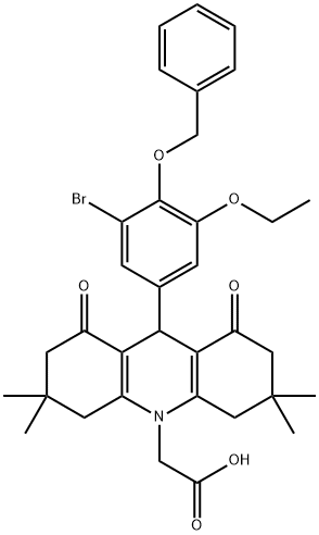 (9-[4-(benzyloxy)-3-bromo-5-ethoxyphenyl]-3,3,6,6-tetramethyl-1,8-dioxo-2,3,4,5,6,7,8,9-octahydro-10(1H)-acridinyl)acetic acid Struktur