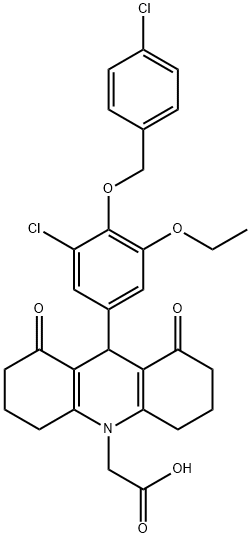 (9-{3-chloro-4-[(4-chlorobenzyl)oxy]-5-ethoxyphenyl}-1,8-dioxo-2,3,4,5,6,7,8,9-octahydro-10(1H)-acridinyl)acetic acid Struktur