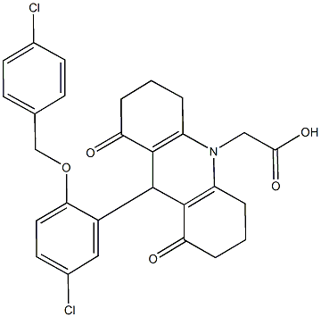 (9-{5-chloro-2-[(4-chlorobenzyl)oxy]phenyl}-1,8-dioxo-2,3,4,5,6,7,8,9-octahydro-10(1H)-acridinyl)acetic acid Struktur