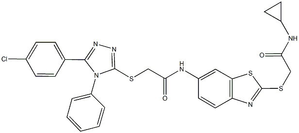 2-{[5-(4-chlorophenyl)-4-phenyl-4H-1,2,4-triazol-3-yl]sulfanyl}-N-(2-{[2-(cyclopropylamino)-2-oxoethyl]sulfanyl}-1,3-benzothiazol-6-yl)acetamide Struktur