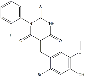 5-(2-bromo-4-hydroxy-5-methoxybenzylidene)-1-(2-fluorophenyl)-2-thioxodihydro-4,6(1H,5H)-pyrimidinedione Struktur