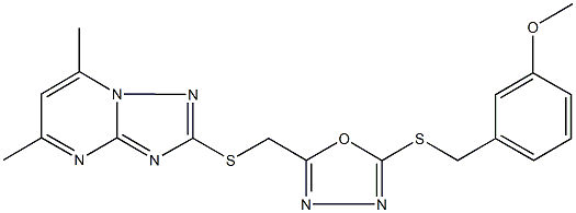 3-{[(5-{[(5,7-dimethyl[1,2,4]triazolo[1,5-a]pyrimidin-2-yl)sulfanyl]methyl}-1,3,4-oxadiazol-2-yl)sulfanyl]methyl}phenyl methyl ether Struktur