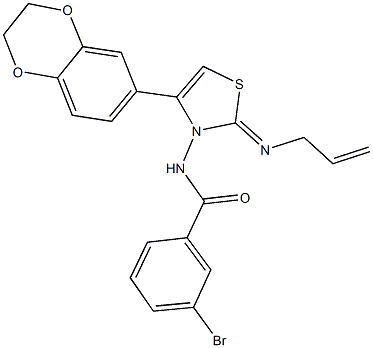 N-(2-(allylimino)-4-(2,3-dihydro-1,4-benzodioxin-6-yl)-1,3-thiazol-3(2H)-yl)-3-bromobenzamide Struktur