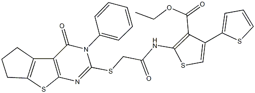 ethyl 2-({[(4-oxo-3-phenyl-3,5,6,7-tetrahydro-4H-cyclopenta[4,5]thieno[2,3-d]pyrimidin-2-yl)sulfanyl]acetyl}amino)-2',4-bithiophene-3-carboxylate Struktur