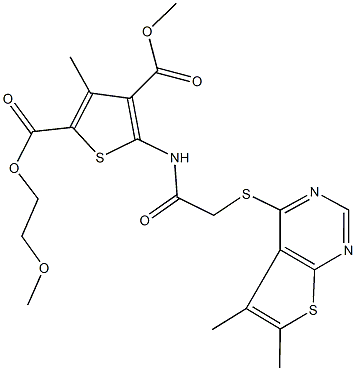 2-(2-methoxyethyl) 4-methyl 5-({[(5,6-dimethylthieno[2,3-d]pyrimidin-4-yl)sulfanyl]acetyl}amino)-3-methyl-2,4-thiophenedicarboxylate Struktur