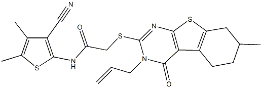 2-[(3-allyl-7-methyl-4-oxo-3,4,5,6,7,8-hexahydro[1]benzothieno[2,3-d]pyrimidin-2-yl)sulfanyl]-N-(3-cyano-4,5-dimethyl-2-thienyl)acetamide Struktur