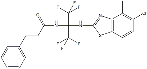 N-[1-[(5-chloro-4-methyl-1,3-benzothiazol-2-yl)amino]-2,2,2-trifluoro-1-(trifluoromethyl)ethyl]-3-phenylpropanamide Struktur