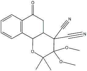 3,3-dimethoxy-2,2-dimethyl-6-oxo-2,3,4a,5,6,10b-hexahydro-4H-benzo[h]chromene-4,4-dicarbonitrile Struktur