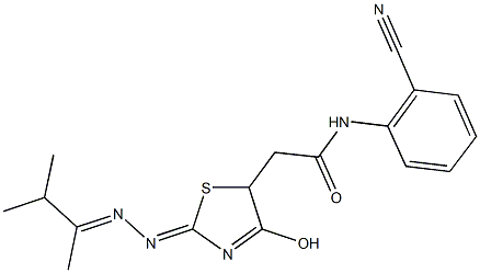 N-(2-cyanophenyl)-2-{2-[(1,2-dimethylpropylidene)hydrazono]-4-hydroxy-2,5-dihydro-1,3-thiazol-5-yl}acetamide Struktur