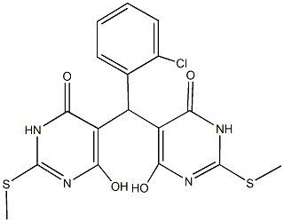 5-{(2-chlorophenyl)[4-hydroxy-2-(methylsulfanyl)-6-oxo-1,6-dihydro-5-pyrimidinyl]methyl}-6-hydroxy-2-(methylsulfanyl)-4(3H)-pyrimidinone Struktur