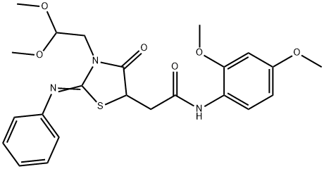 2-[3-(2,2-dimethoxyethyl)-4-oxo-2-(phenylimino)-1,3-thiazolidin-5-yl]-N-(2,4-dimethoxyphenyl)acetamide Struktur