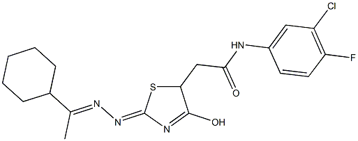 N-(3-chloro-4-fluorophenyl)-2-{2-[(1-cyclohexylethylidene)hydrazono]-4-hydroxy-2,5-dihydro-1,3-thiazol-5-yl}acetamide Struktur