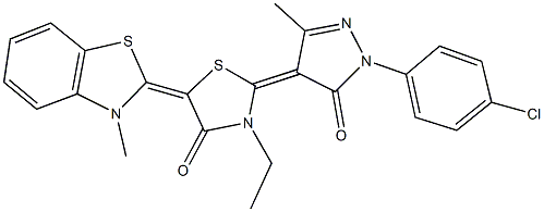 2-[1-(4-chlorophenyl)-3-methyl-5-oxo-1,5-dihydro-4H-pyrazol-4-ylidene]-3-ethyl-5-(3-methyl-1,3-benzothiazol-2(3H)-ylidene)-1,3-thiazolidin-4-one Struktur