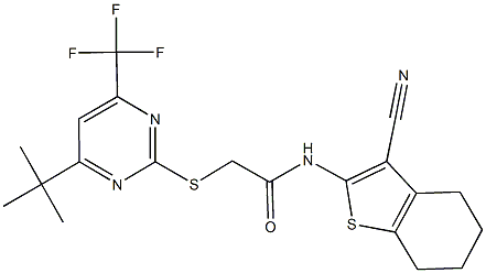 2-{[4-tert-butyl-6-(trifluoromethyl)-2-pyrimidinyl]sulfanyl}-N-(3-cyano-4,5,6,7-tetrahydro-1-benzothien-2-yl)acetamide Struktur