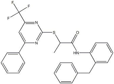 N-(2-benzylphenyl)-2-{[4-phenyl-6-(trifluoromethyl)-2-pyrimidinyl]sulfanyl}propanamide Struktur