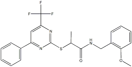 N-(2-methoxybenzyl)-2-{[4-phenyl-6-(trifluoromethyl)-2-pyrimidinyl]sulfanyl}propanamide Struktur