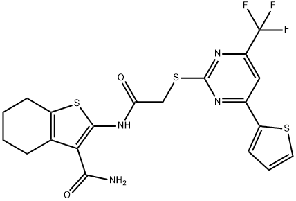 2-[({[4-(2-thienyl)-6-(trifluoromethyl)-2-pyrimidinyl]sulfanyl}acetyl)amino]-4,5,6,7-tetrahydro-1-benzothiophene-3-carboxamide Struktur