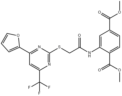 dimethyl 2-[({[4-(2-furyl)-6-(trifluoromethyl)-2-pyrimidinyl]sulfanyl}acetyl)amino]terephthalate Struktur