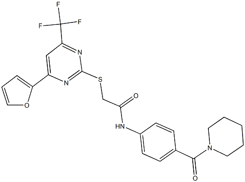 2-{[4-(2-furyl)-6-(trifluoromethyl)-2-pyrimidinyl]sulfanyl}-N-[4-(1-piperidinylcarbonyl)phenyl]acetamide Struktur