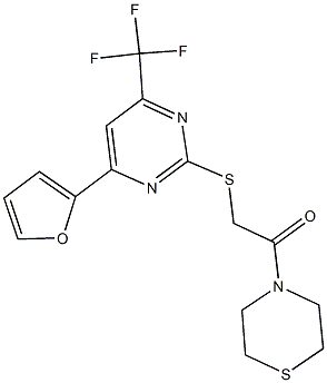 4-(2-furyl)-6-(trifluoromethyl)-2-pyrimidinyl 2-oxo-2-(4-thiomorpholinyl)ethyl sulfide Struktur