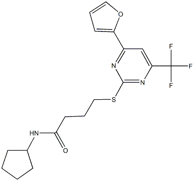 N-cyclopentyl-4-{[4-(2-furyl)-6-(trifluoromethyl)-2-pyrimidinyl]sulfanyl}butanamide Struktur