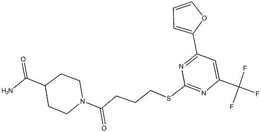 1-(4-{[4-(2-furyl)-6-(trifluoromethyl)-2-pyrimidinyl]sulfanyl}butanoyl)-4-piperidinecarboxamide Struktur