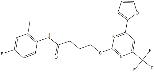 N-(4-fluoro-2-methylphenyl)-4-{[4-(2-furyl)-6-(trifluoromethyl)-2-pyrimidinyl]sulfanyl}butanamide Struktur