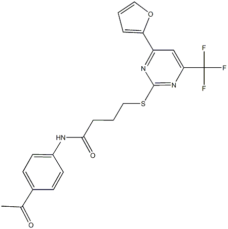 N-(4-acetylphenyl)-4-{[4-(2-furyl)-6-(trifluoromethyl)-2-pyrimidinyl]sulfanyl}butanamide Struktur