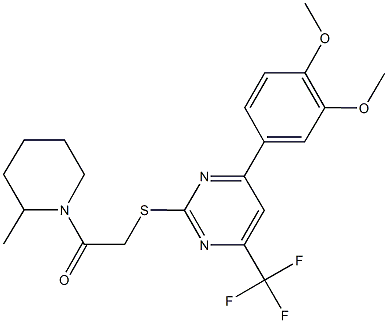 4-(3,4-dimethoxyphenyl)-2-{[2-(2-methyl-1-piperidinyl)-2-oxoethyl]sulfanyl}-6-(trifluoromethyl)pyrimidine Struktur