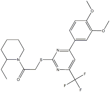 4-(3,4-dimethoxyphenyl)-2-{[2-(2-ethyl-1-piperidinyl)-2-oxoethyl]sulfanyl}-6-(trifluoromethyl)pyrimidine Struktur