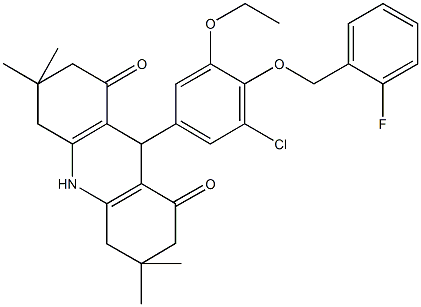 9-{3-chloro-5-ethoxy-4-[(2-fluorobenzyl)oxy]phenyl}-3,3,6,6-tetramethyl-3,4,6,7,9,10-hexahydro-1,8(2H,5H)-acridinedione Struktur