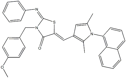 5-{[2,5-dimethyl-1-(1-naphthyl)-1H-pyrrol-3-yl]methylene}-3-(4-methoxybenzyl)-2-(phenylimino)-1,3-thiazolidin-4-one Struktur