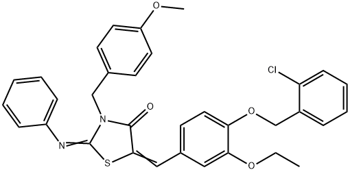 5-{4-[(2-chlorobenzyl)oxy]-3-ethoxybenzylidene}-3-(4-methoxybenzyl)-2-(phenylimino)-1,3-thiazolidin-4-one Struktur