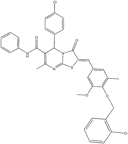 2-{4-[(2-chlorobenzyl)oxy]-3-iodo-5-methoxybenzylidene}-5-(4-chlorophenyl)-7-methyl-3-oxo-N-phenyl-2,3-dihydro-5H-[1,3]thiazolo[3,2-a]pyrimidine-6-carboxamide Struktur