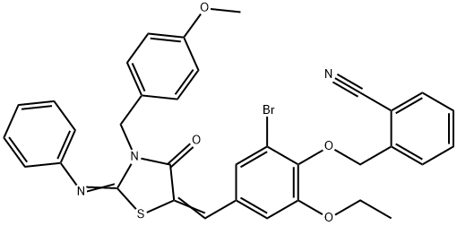 2-[(2-bromo-6-ethoxy-4-{[3-(4-methoxybenzyl)-4-oxo-2-(phenylimino)-1,3-thiazolidin-5-ylidene]methyl}phenoxy)methyl]benzonitrile Struktur