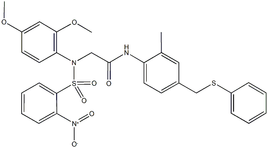 2-[({2-nitrophenyl}sulfonyl)-2,4-dimethoxyanilino]-N-{2-methyl-4-[(phenylsulfanyl)methyl]phenyl}acetamide Struktur