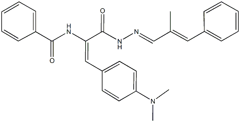 N-(2-[4-(dimethylamino)phenyl]-1-{[2-(2-methyl-3-phenyl-2-propenylidene)hydrazino]carbonyl}vinyl)benzamide Struktur