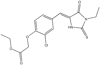 ethyl {2-chloro-4-[(1-ethyl-5-oxo-2-thioxo-4-imidazolidinylidene)methyl]phenoxy}acetate Struktur