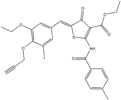 ethyl 5-[3-ethoxy-5-iodo-4-(2-propynyloxy)benzylidene]-2-[(4-methylbenzoyl)amino]-4-oxo-4,5-dihydro-3-thiophenecarboxylate Struktur