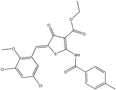 ethyl 5-(3,5-dichloro-2-methoxybenzylidene)-2-[(4-methylbenzoyl)amino]-4-oxo-4,5-dihydro-3-thiophenecarboxylate Struktur