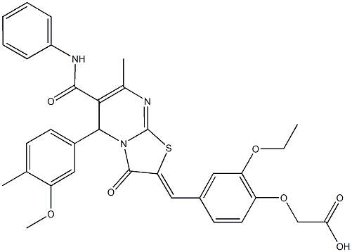 {4-[(6-(anilinocarbonyl)-5-(3-methoxy-4-methylphenyl)-7-methyl-3-oxo-5H-[1,3]thiazolo[3,2-a]pyrimidin-2(3H)-ylidene)methyl]-2-ethoxyphenoxy}acetic acid Struktur