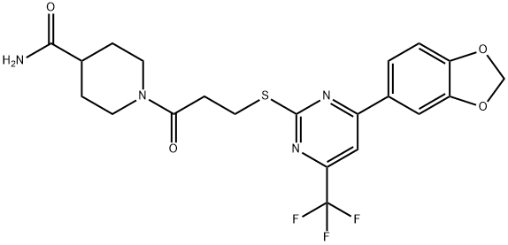 1-(3-{[4-(1,3-benzodioxol-5-yl)-6-(trifluoromethyl)-2-pyrimidinyl]sulfanyl}propanoyl)-4-piperidinecarboxamide Struktur