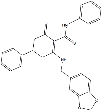 2-[(1,3-benzodioxol-5-ylmethyl)amino]-6-oxo-N,4-diphenylcyclohex-1-ene-1-carbothioamide Struktur