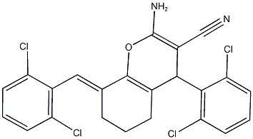 2-amino-8-(2,6-dichlorobenzylidene)-4-(2,6-dichlorophenyl)-5,6,7,8-tetrahydro-4H-chromene-3-carbonitrile Struktur