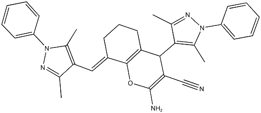 2-amino-4-(3,5-dimethyl-1-phenyl-1H-pyrazol-4-yl)-8-[(3,5-dimethyl-1-phenyl-1H-pyrazol-4-yl)methylene]-5,6,7,8-tetrahydro-4H-chromene-3-carbonitrile Struktur