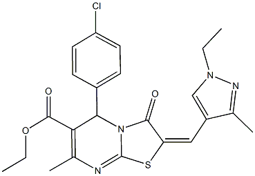 ethyl 5-(4-chlorophenyl)-2-[(1-ethyl-3-methyl-1H-pyrazol-4-yl)methylene]-7-methyl-3-oxo-2,3-dihydro-5H-[1,3]thiazolo[3,2-a]pyrimidine-6-carboxylate Struktur