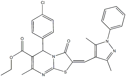 ethyl 5-(4-chlorophenyl)-2-[(3,5-dimethyl-1-phenyl-1H-pyrazol-4-yl)methylene]-7-methyl-3-oxo-2,3-dihydro-5H-[1,3]thiazolo[3,2-a]pyrimidine-6-carboxylate Struktur